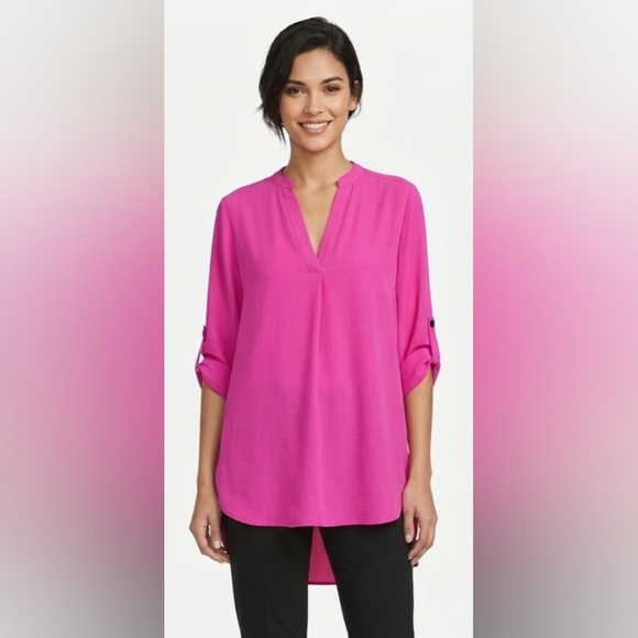 Gibson Latimer Tops - Gibson Latimer V-Neck Roll-Tab Tunic in Fuchsia Size M